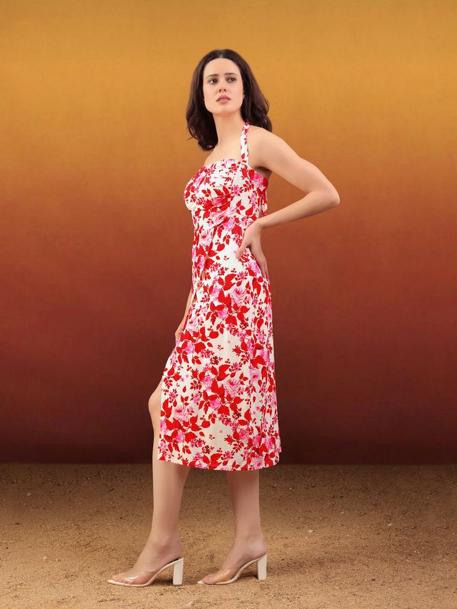 Women's Pink Printed Midi  Sleeveless Dress