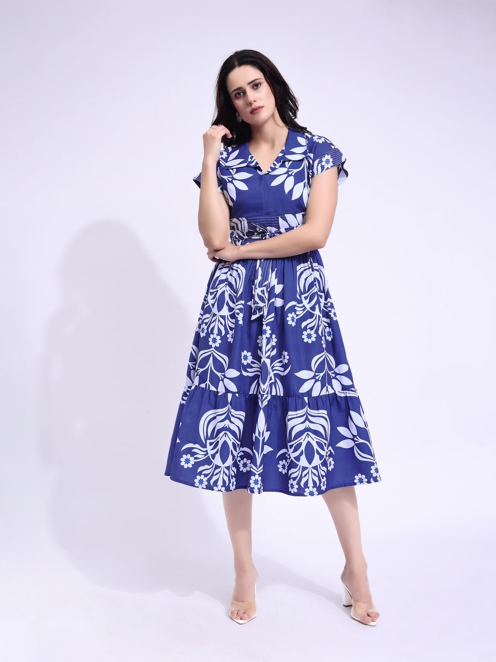 Women's Blue Fit & Flared Midi Cap Sleeve Dress
