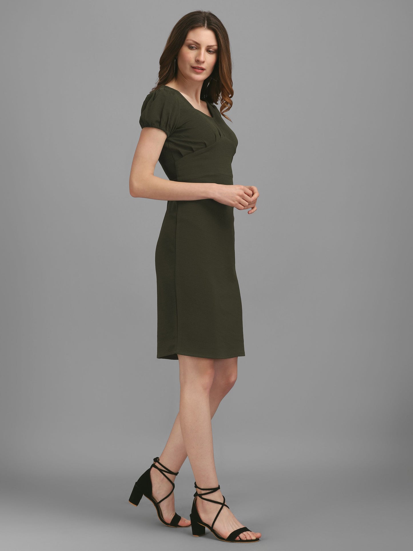 Asymmetrical Neck Dark Olive Bodycon Dress