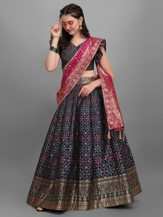 Women Jacquard Blue Printed Lehenga Choli