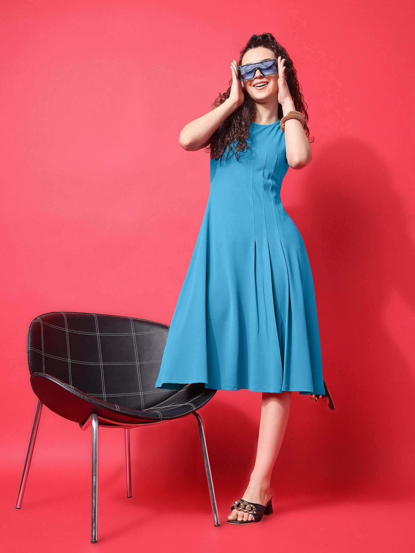 Fit and Flare Round Neck Teal Dress