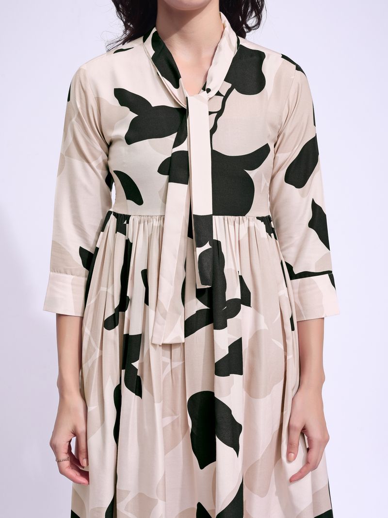 Women's Beige Fit & Flared Midi Regular Sleevee Dress