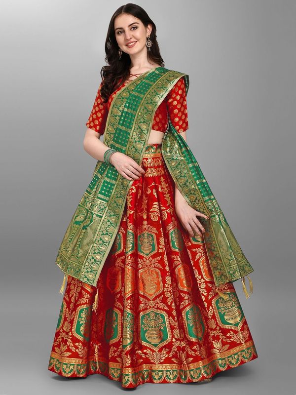 Embellished Woven Kalidar Red Lehenga Choli