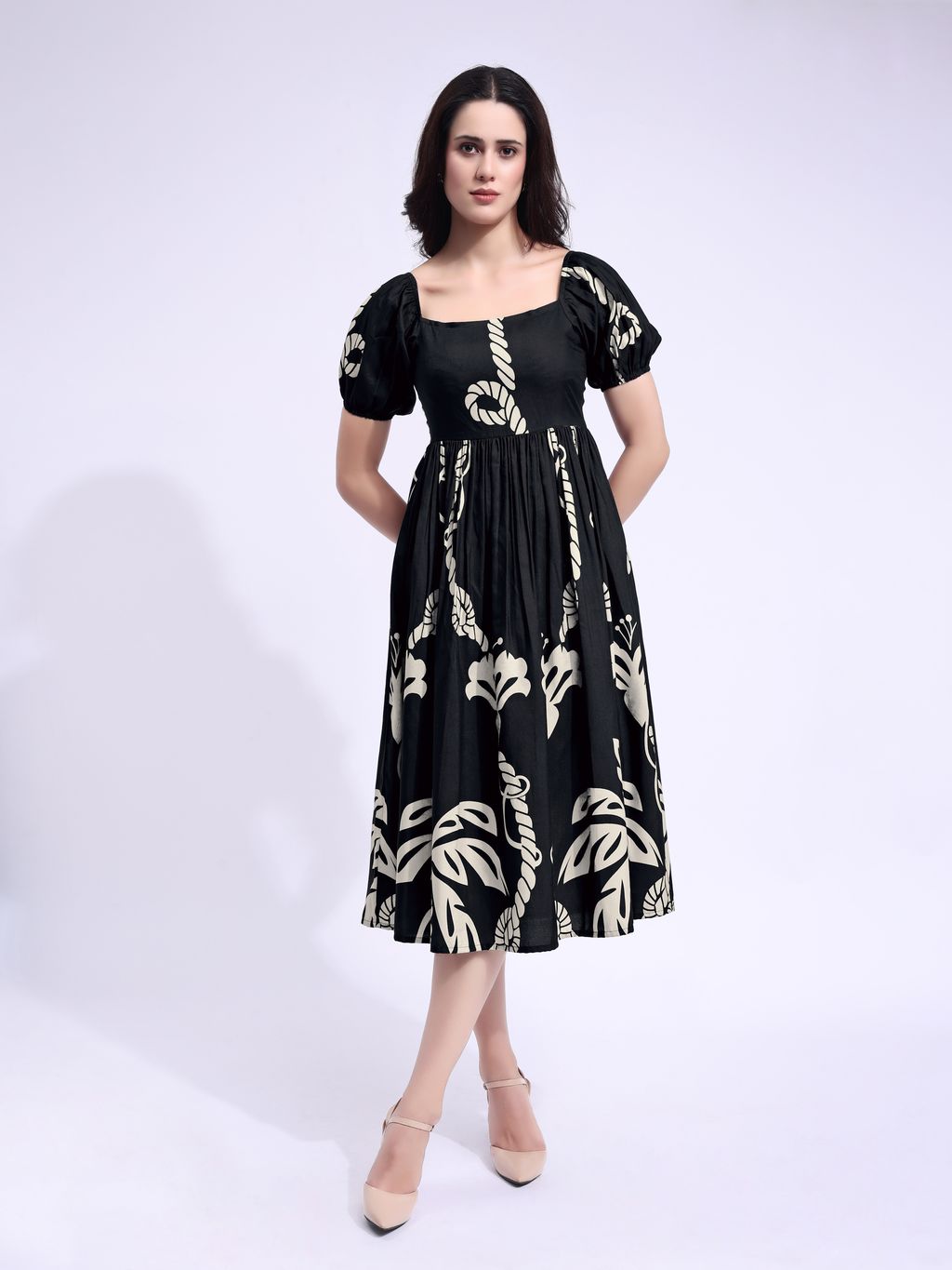 Puff Sleeve Midi Length Printed Dress