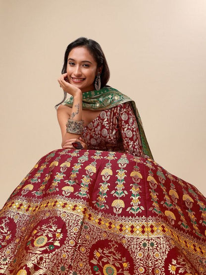 Jacquard Maroon Semi-Stitched Lehenga Choli