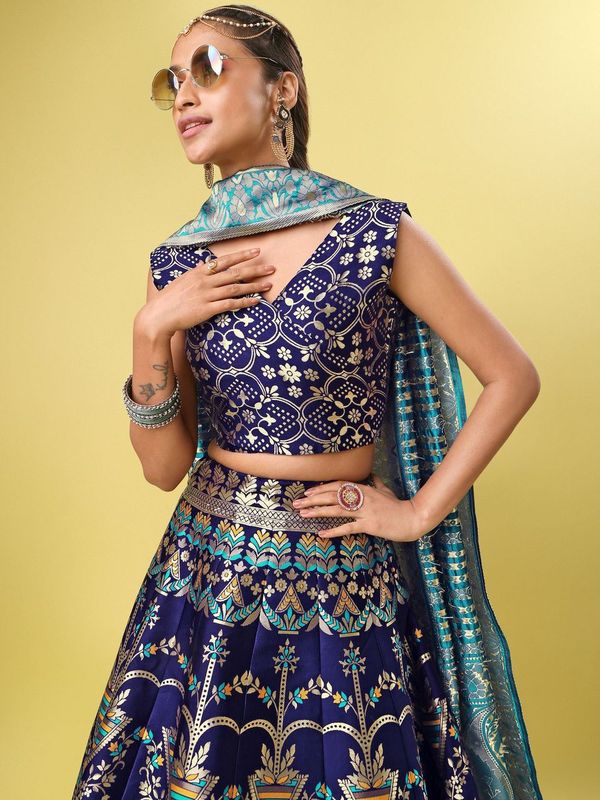 Women Blue Floral Print Lehenga