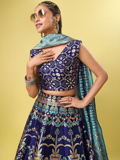 Women Blue Floral Print Lehenga