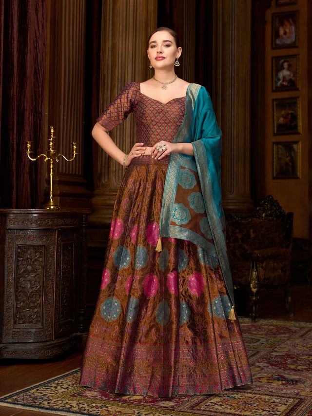 Women's Brown Kanjiwaram Lehengas