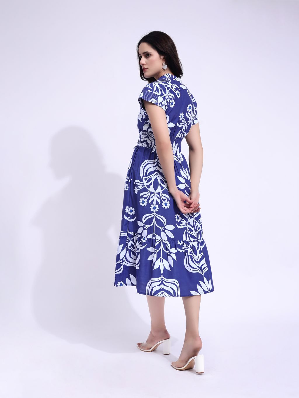 Women's Blue Fit & Flared Midi Cap Sleeve Dress