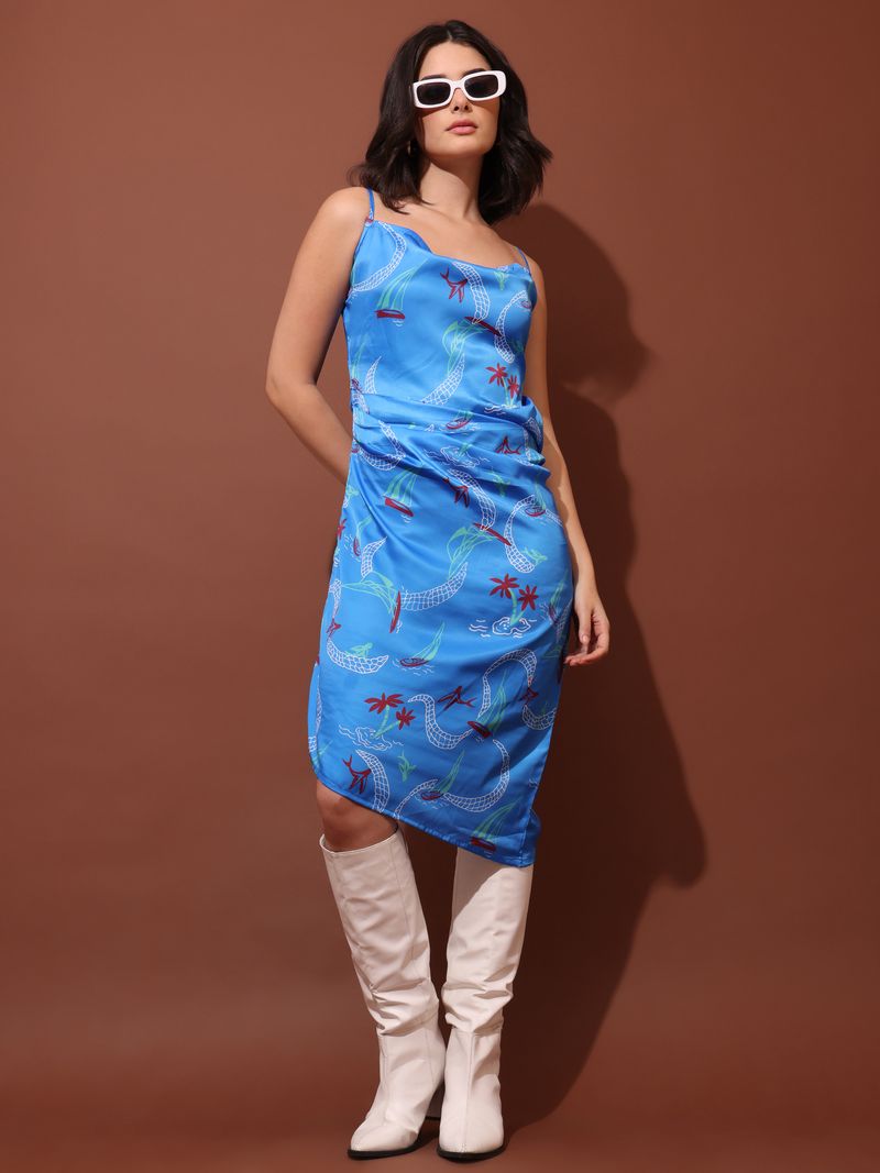 Women's Royal Blue Printed Asymmetric Midi Dress