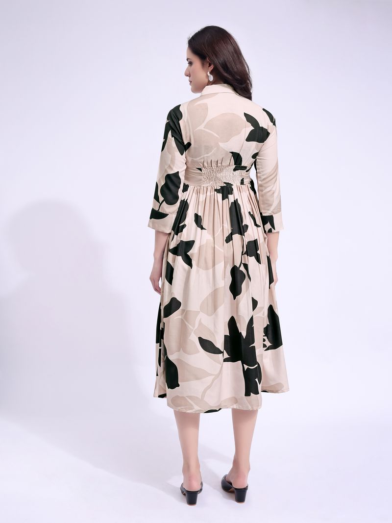 Women's Beige Fit & Flared Midi Regular Sleevee Dress