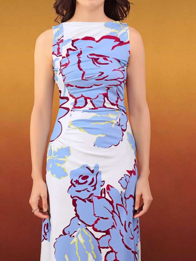 Women's Off White Printed Maxi  Sleeveless Dress