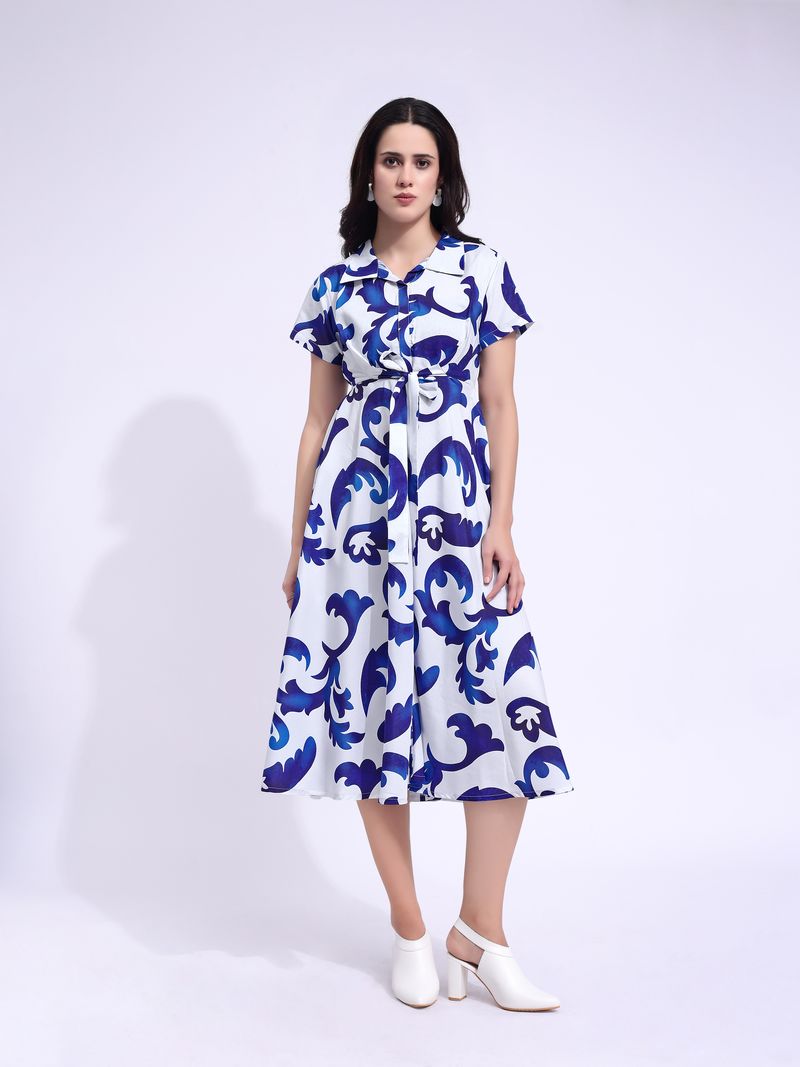 Women's White Fit & Flared Stylish Sleeve Dress