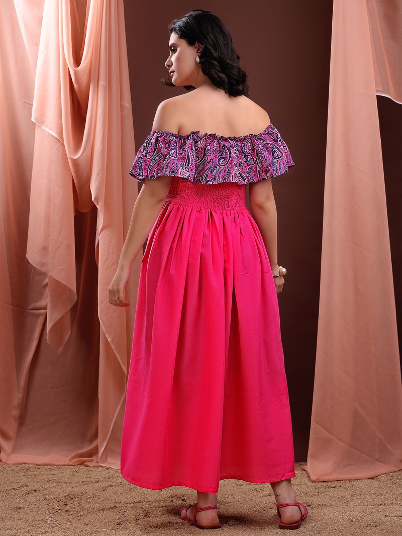 Women's Pink Solid Off Shoulder Sleeveless Dress