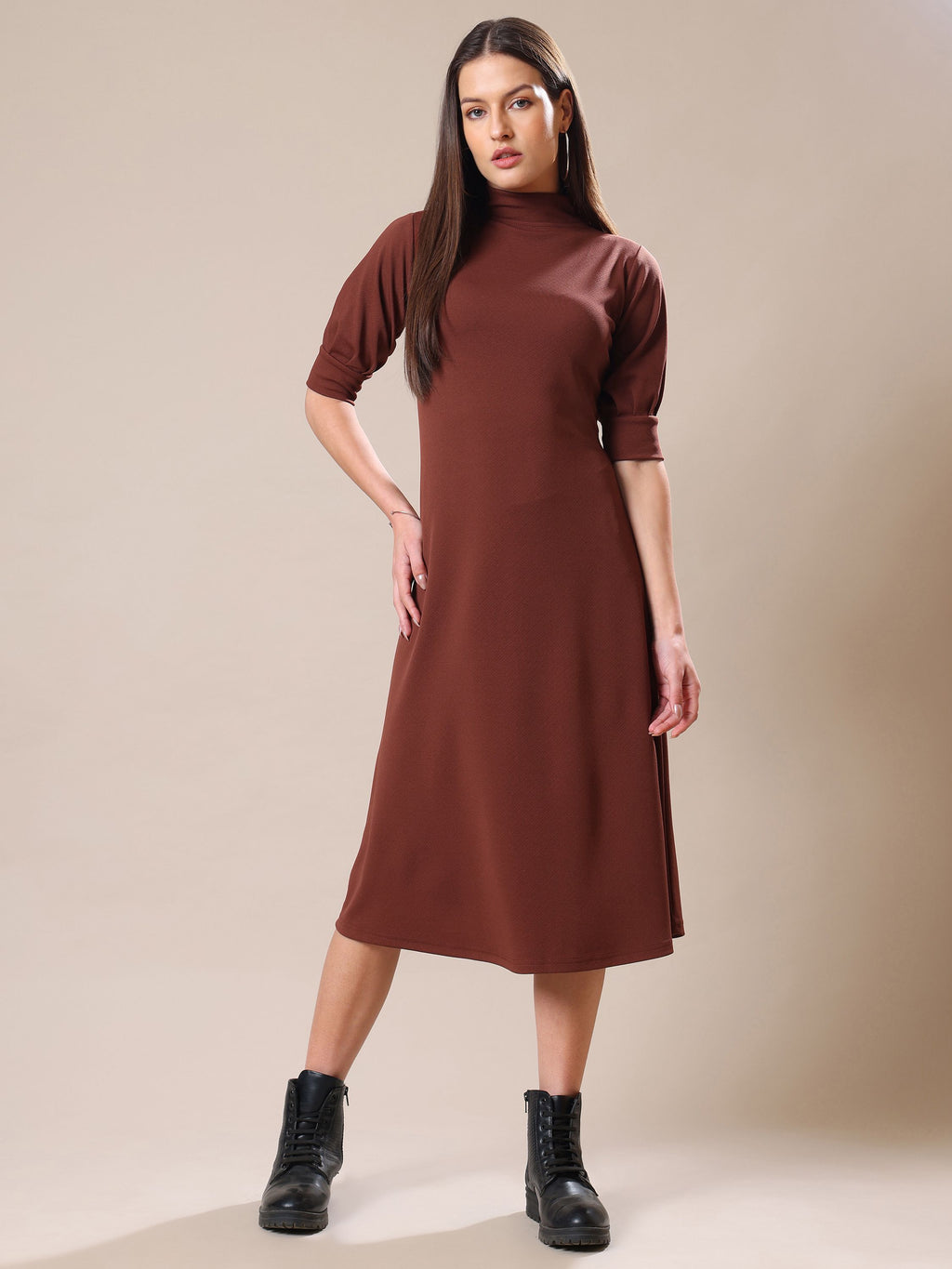 Women's A-Line Elbow Sleeve Brown Dress