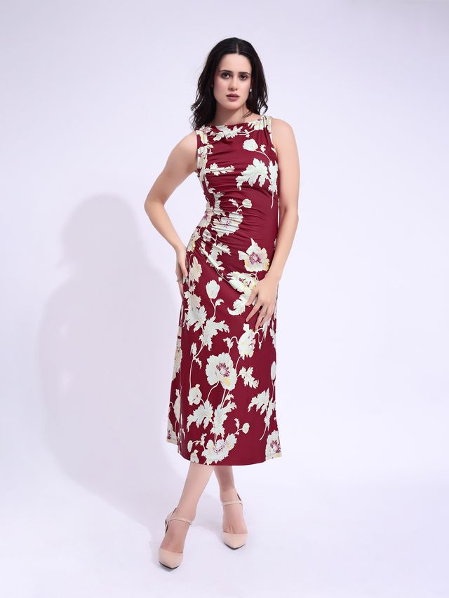 Women's Maroon Printed Maxi  Sleeveless Dress