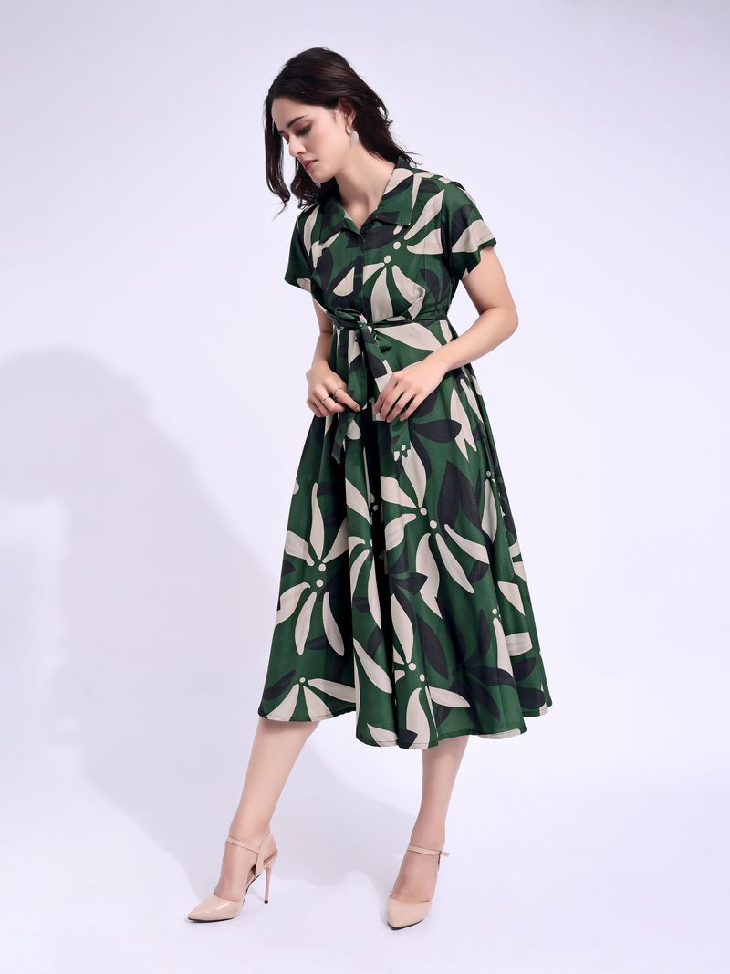 Women's Green Fit & Flared Stylish Sleeve Dress