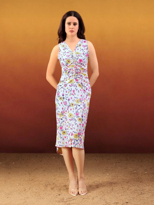 Women's White Printed Midi  Sleeveless Dress