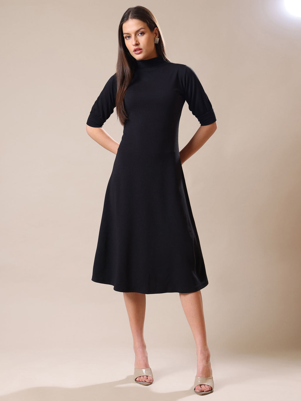 Women's A-Line Elbow Sleeve Black Dress