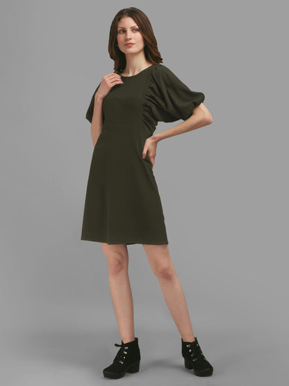 Dark-Olive  Round Neck Puff Sleeve Bodycon Dress