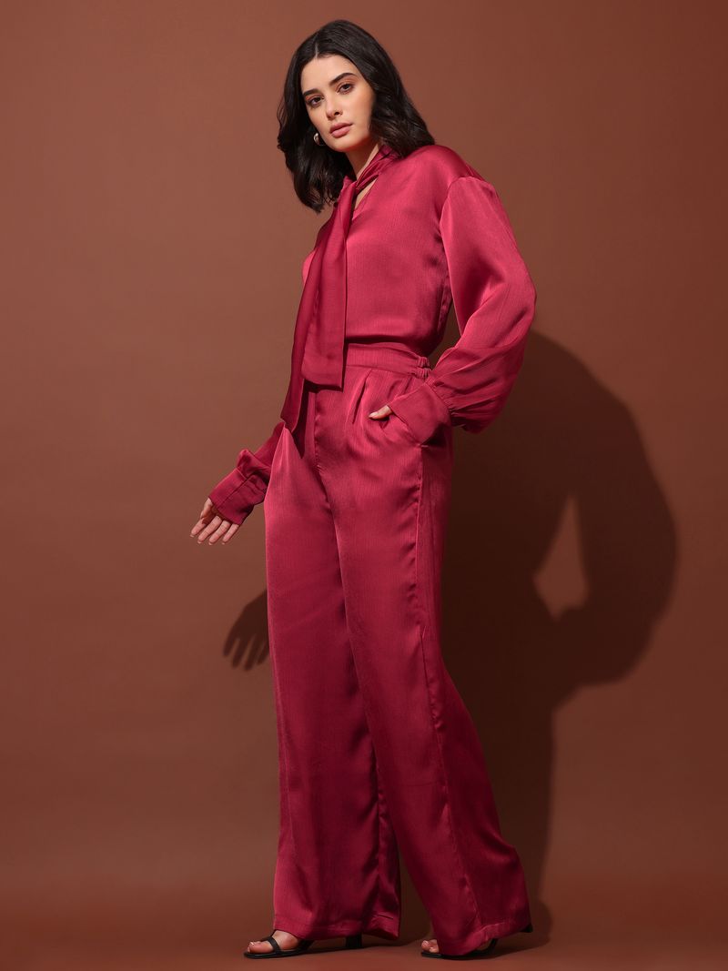 Women's Red Solid Silk Blend Tie-Up Stylized Co-Ords