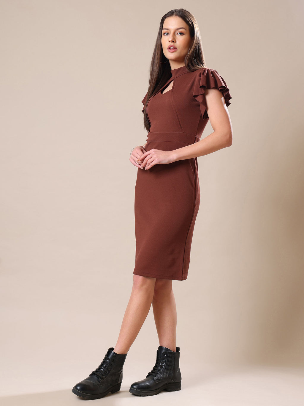 Women's Mini Length Flared Sleeve Brown Dress