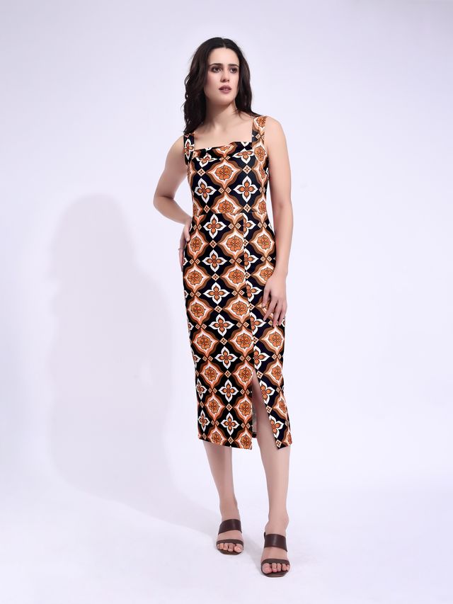 Women's Black Printed Midi Sleeveless Dress