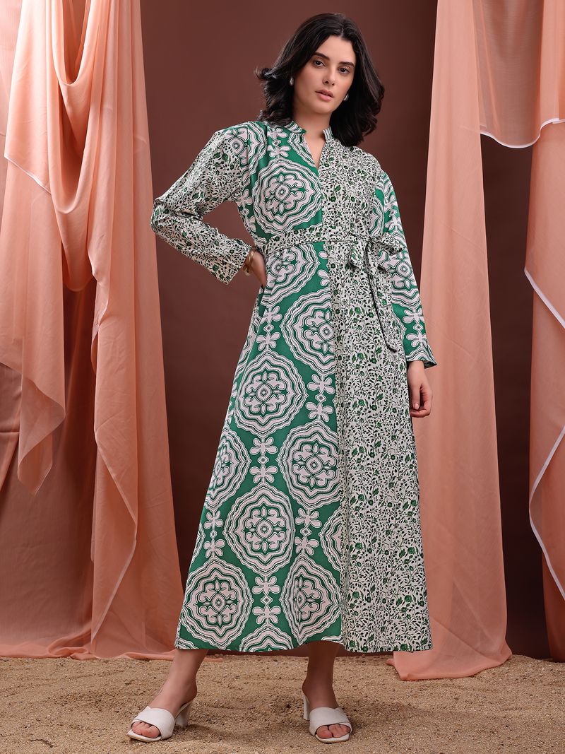 Women's Green A-Line Bell Sleeve Cotton Blend Dress