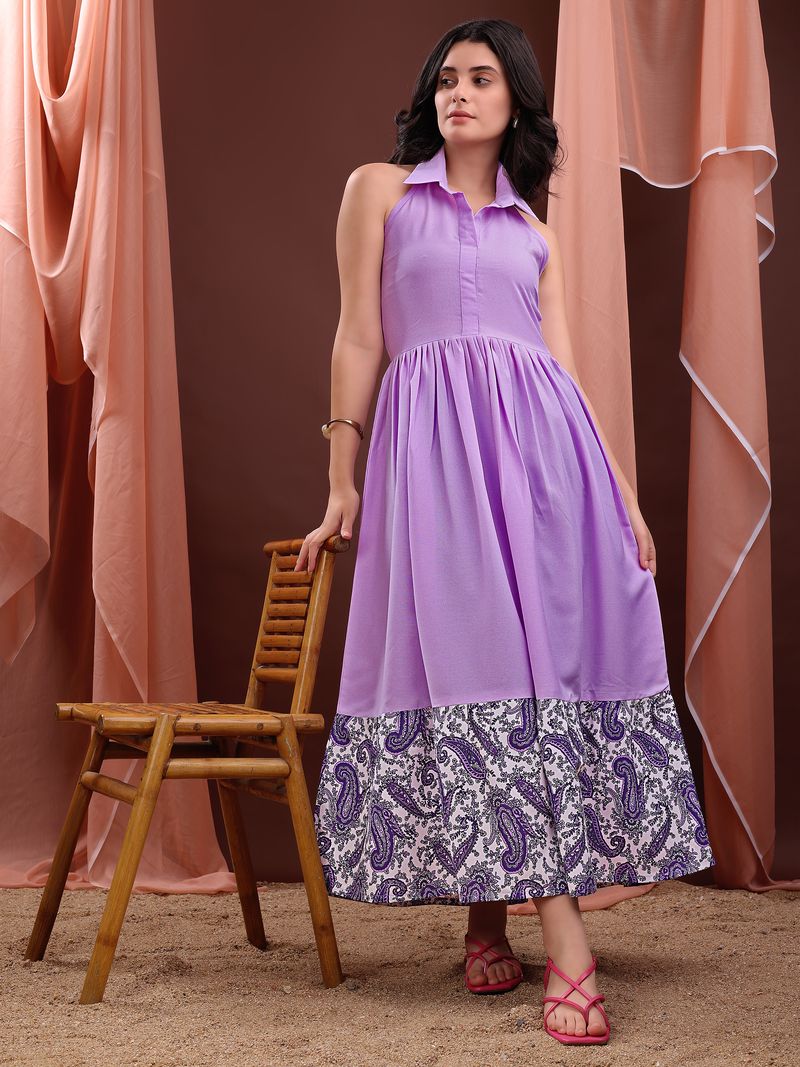 Women's Purple Fit & Flared Sleeveless Cotton Blend Dress
