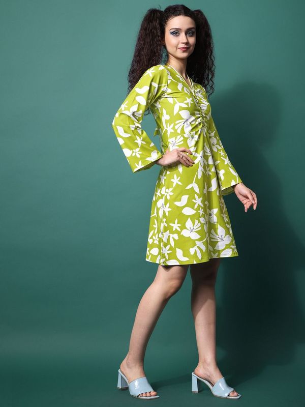 Women Green A line Flower print Dress