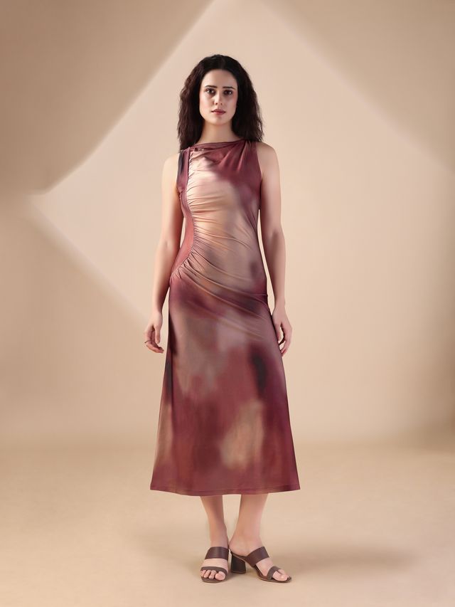 Women's Brown Printed Maxi  Sleeveless Dress