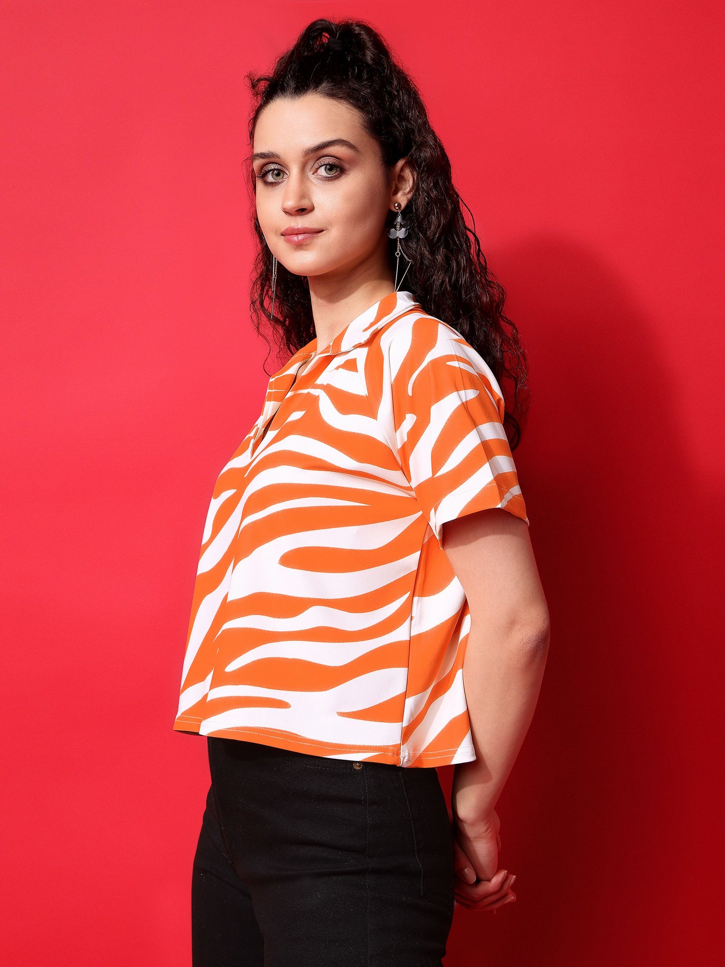 Orange Oversized Top With Johnny Collar