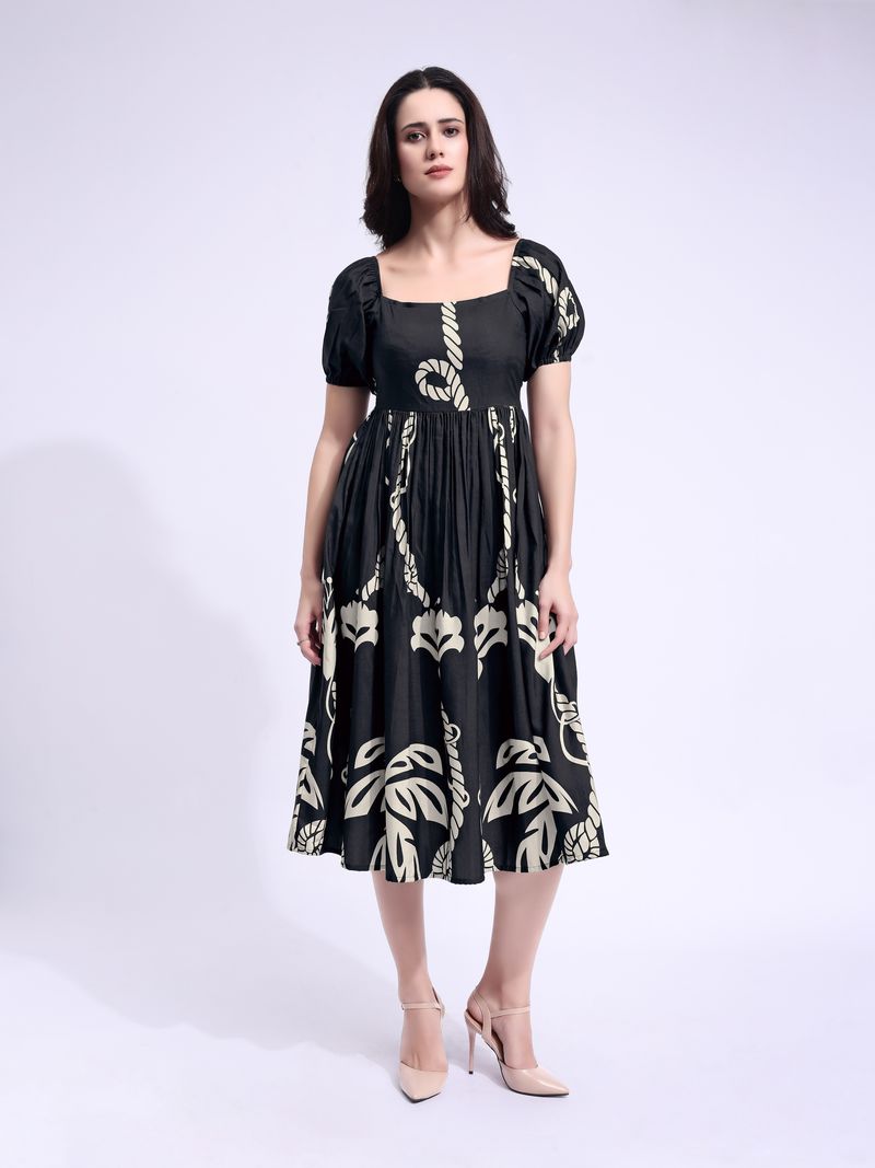 Puff Sleeve Midi Length Printed Dress