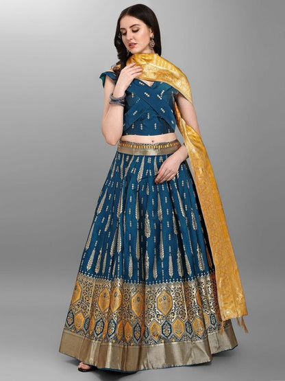 Women Jacquard Rama Semi-Stitched Lehenga Choli