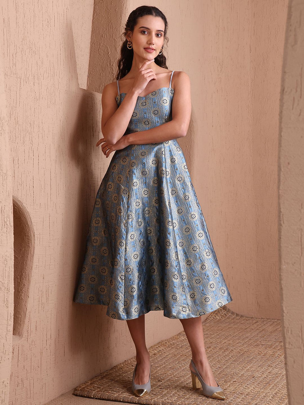 Obshivka Printed Fit and Flare Sky Blue Dress