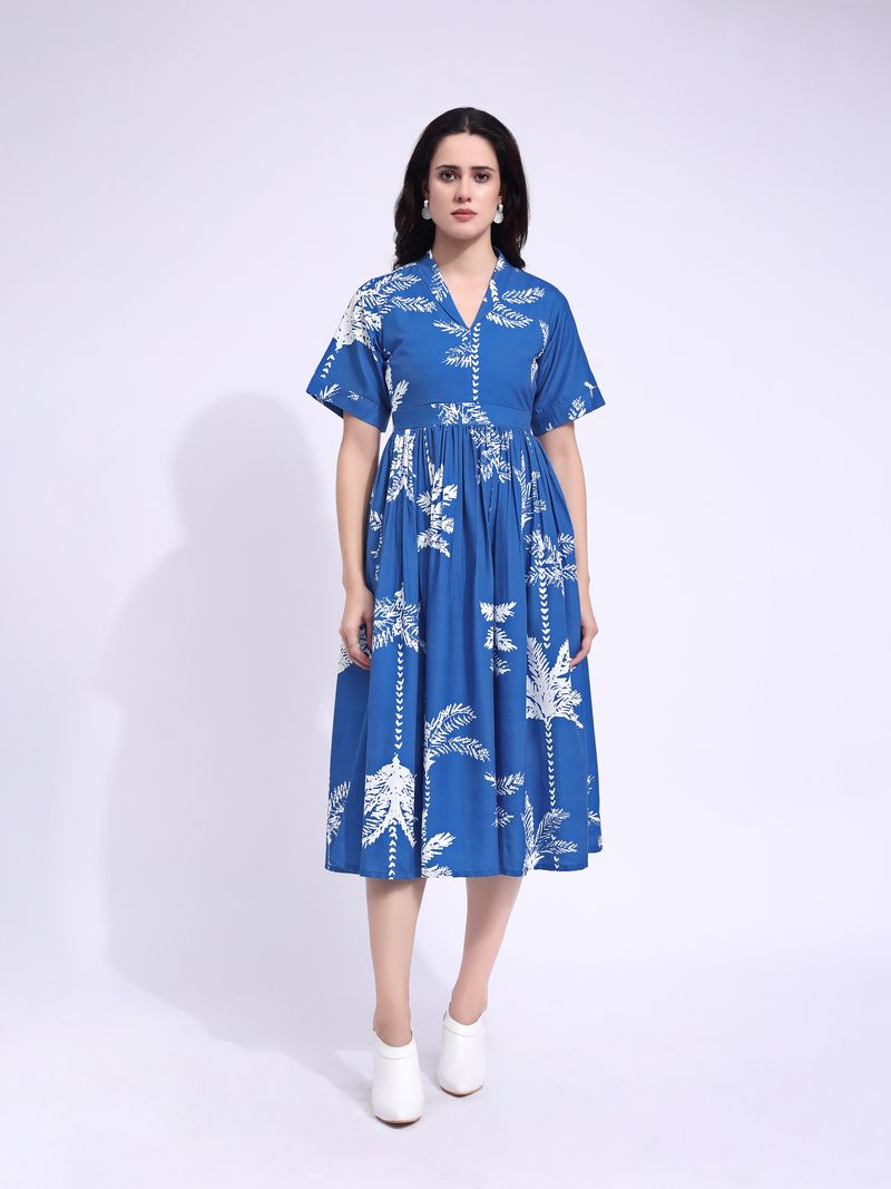 Women's Blue Fit & Flared Midi Stylish Sleeve Dress