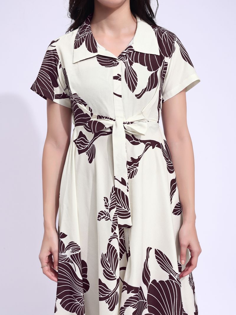 Women's Off White Fit & Flared Stylish Sleeve Dress