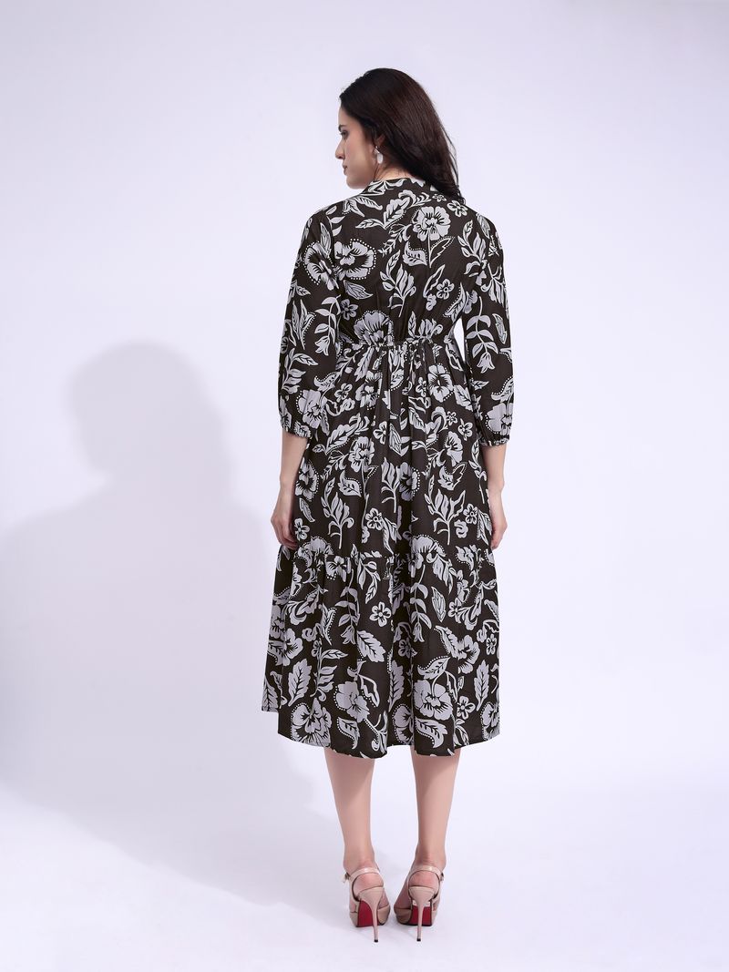 Women's Brown Fit & Flared Midi Puff Sleeve Dress