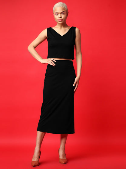 Women Black V Neck Bodycon Co-ords