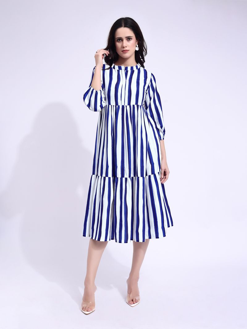 Women's White Fit & Flared Midi Puff Sleeve Dress