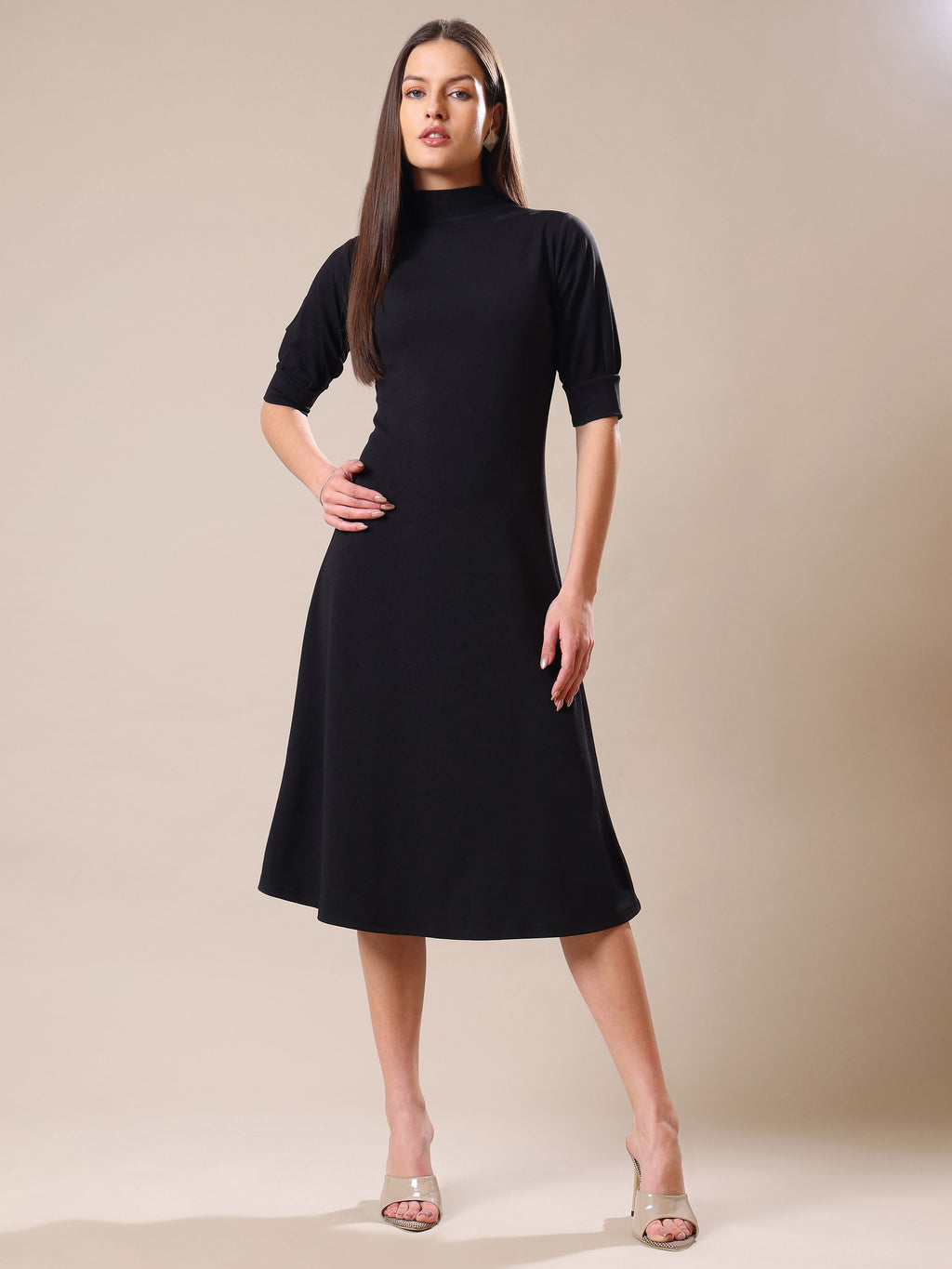 Women's A-Line Elbow Sleeve Black Dress
