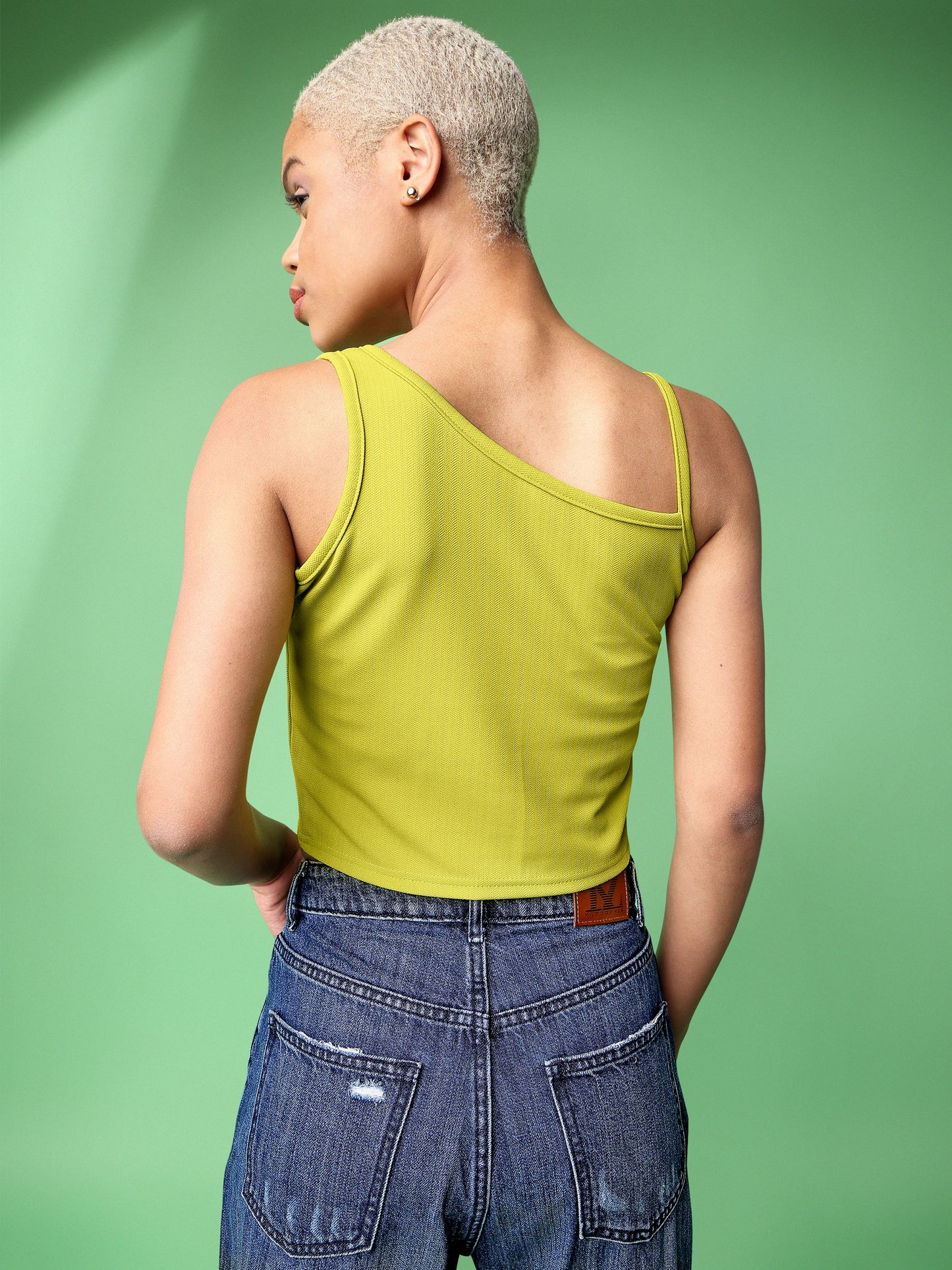 Green Asymmetric Neck One Shoulder Top