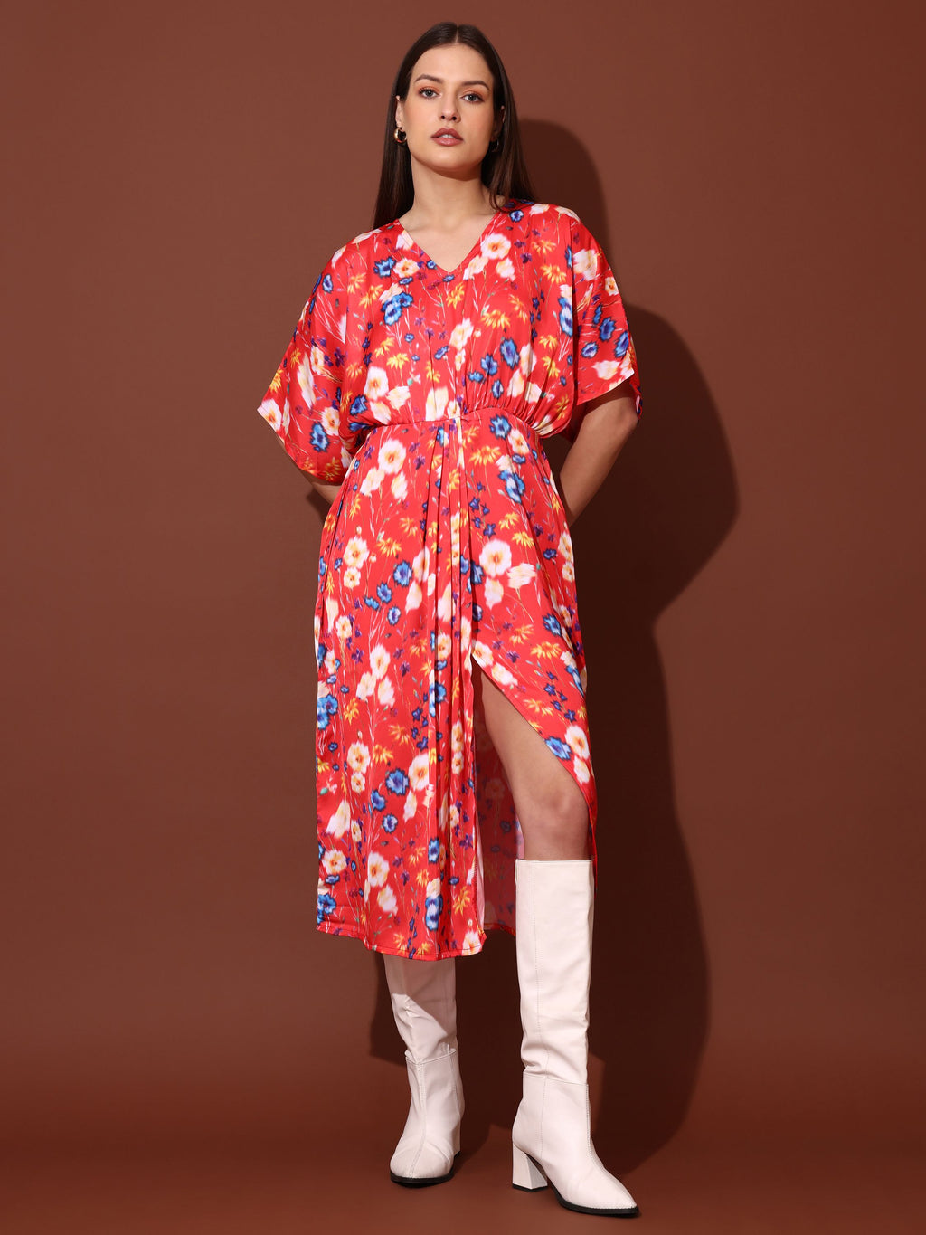 Women Red Party Midi/Calf Wrap Dress