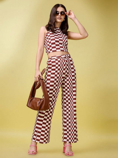 Women Maroon and White Printed Co-ords