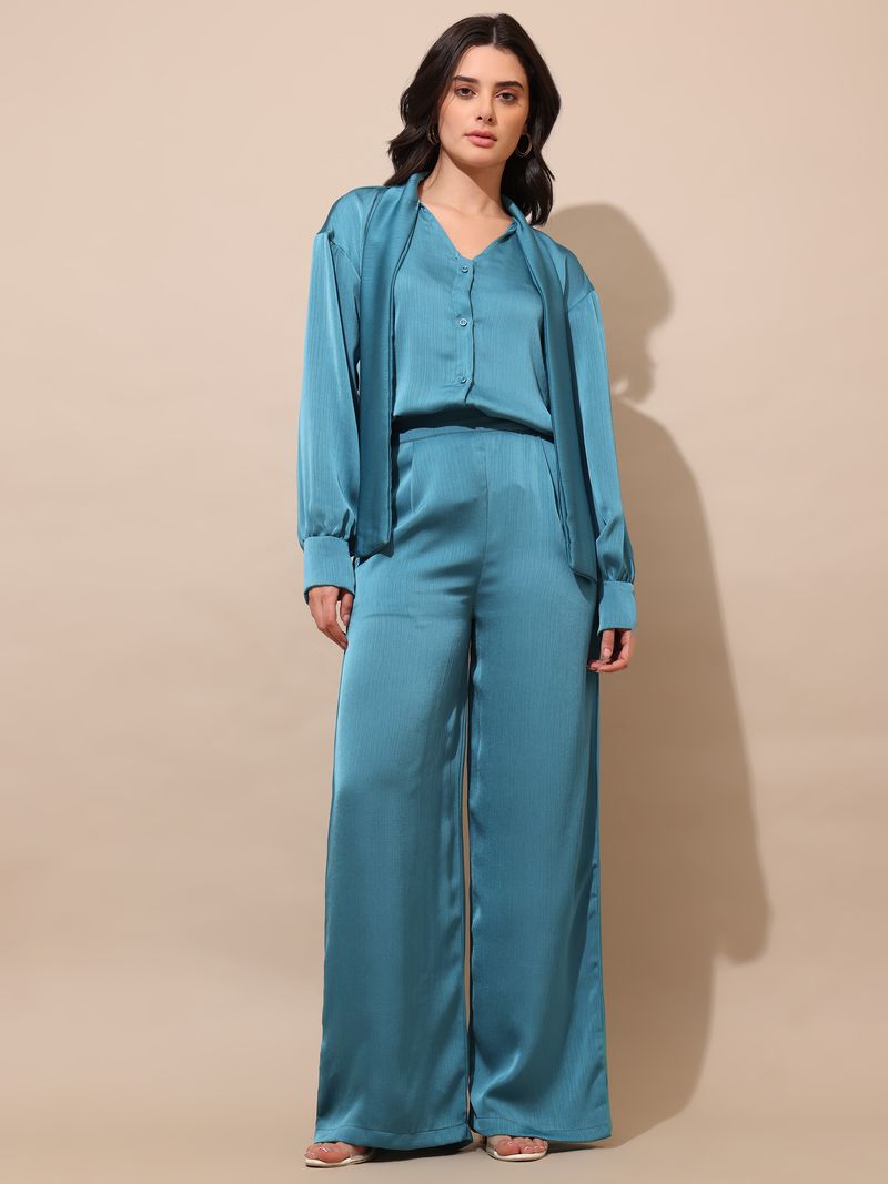 Women's Blue Solid Silk Blend Tie-Up Stylized Co-Ords