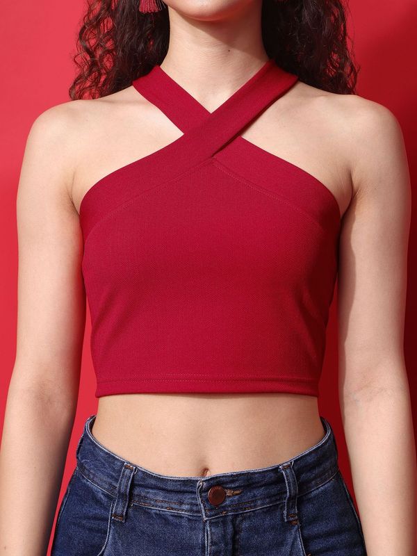 Women Red Halter Neck Crop Top