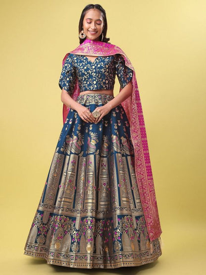 Decorated With Beautiful Flower Motif Rama Lehenga Choli