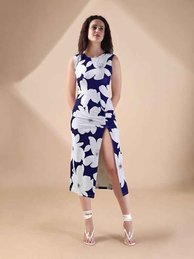 Sleeveless Midi Length Floral Printed Dress
