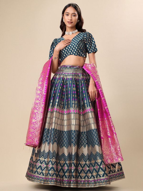 Zari Work Woven Motifs Rama Lehenga choli