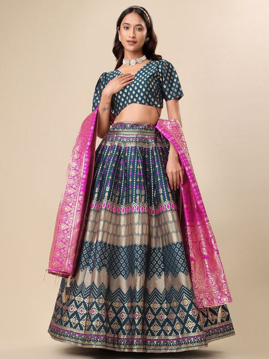 Zari Work Woven Motifs Rama Lehenga choli